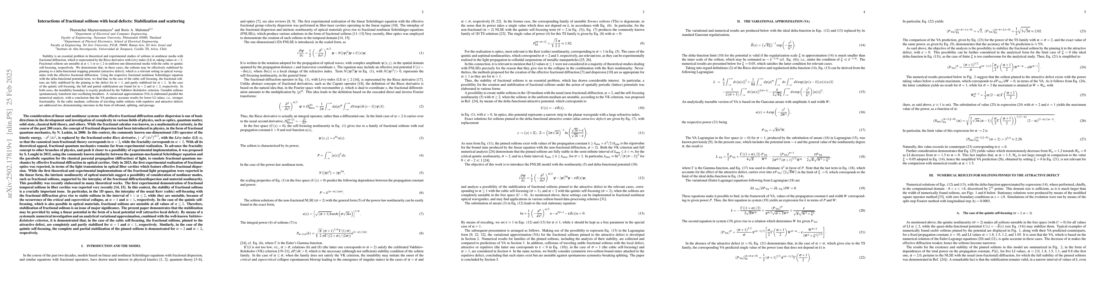 Thumbnail for Interactions of fractional solitons with local defects: Stabilization
  and scattering