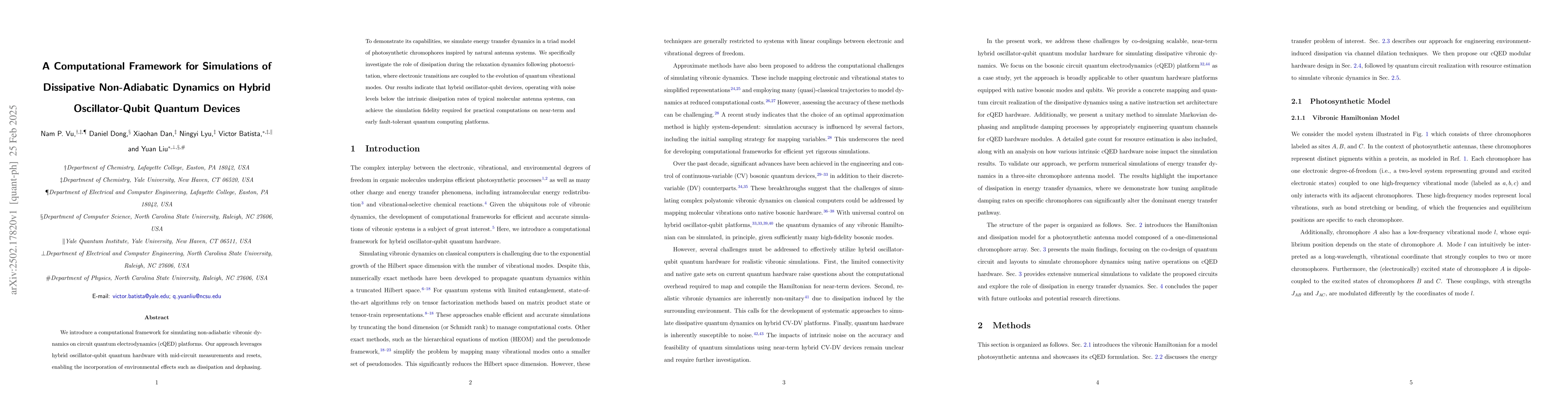 Thumbnail for A Computational Framework for Simulations of Dissipative Non-Adiabatic
  Dynamics on Hybrid Oscillator-Qubit Quantum Devices