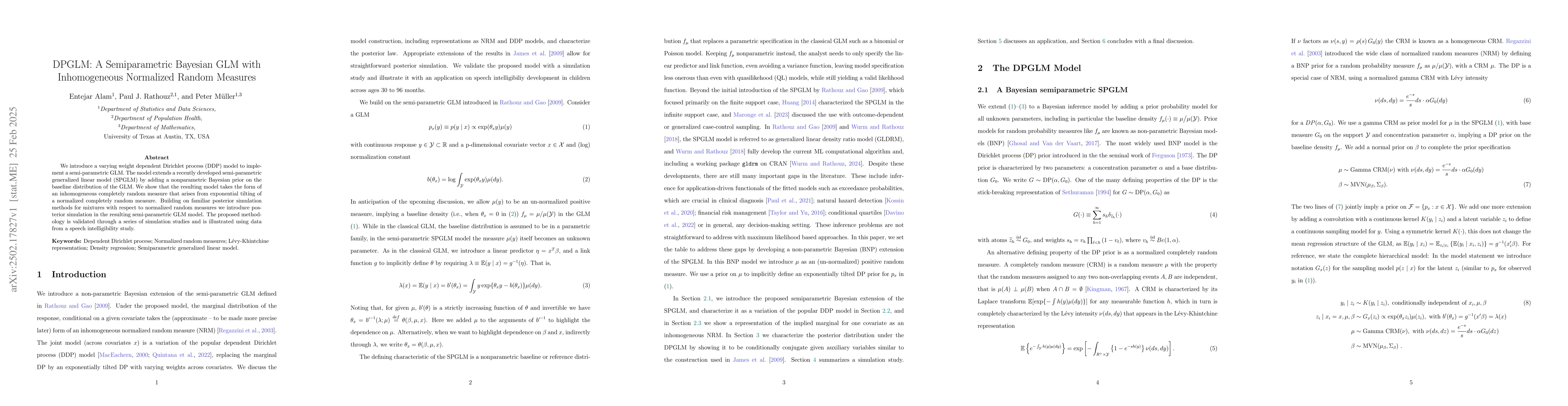 Thumbnail for DPGLM: A Semiparametric Bayesian GLM with Inhomogeneous Normalized
  Random Measures