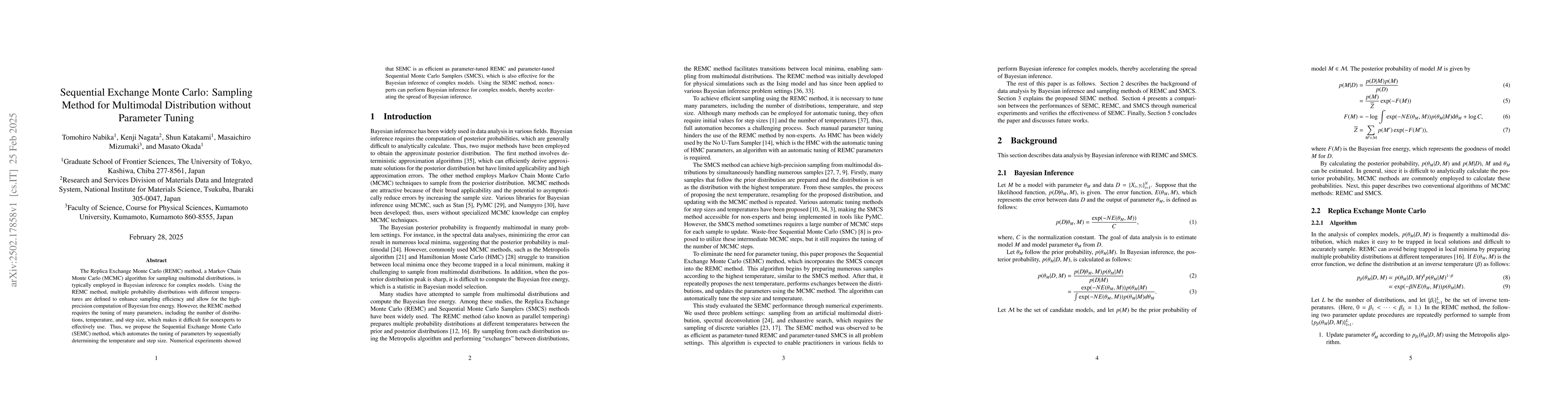 Thumbnail for Sequential Exchange Monte Carlo: Sampling Method for Multimodal
  Distribution without Parameter Tuning