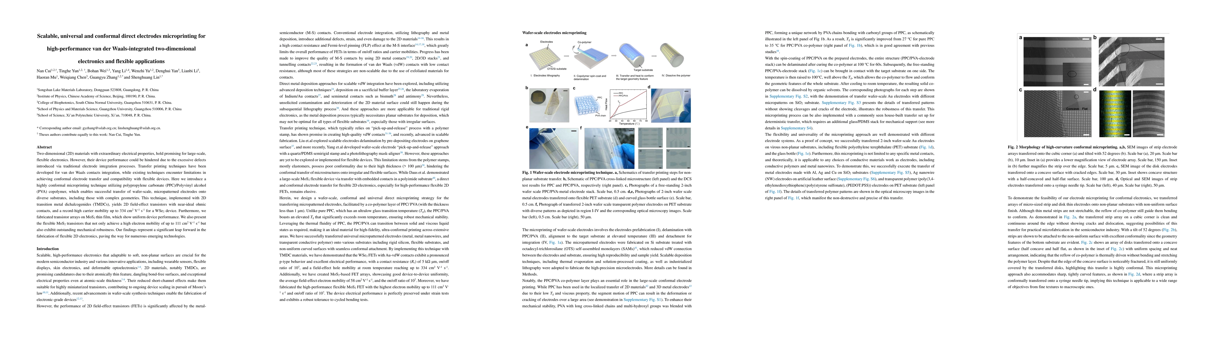 Thumbnail for Scalable, universal and conformal direct electrodes microprinting for
  high-performance van der Waals-integrated two-dimensional electronics and
  flexible applications