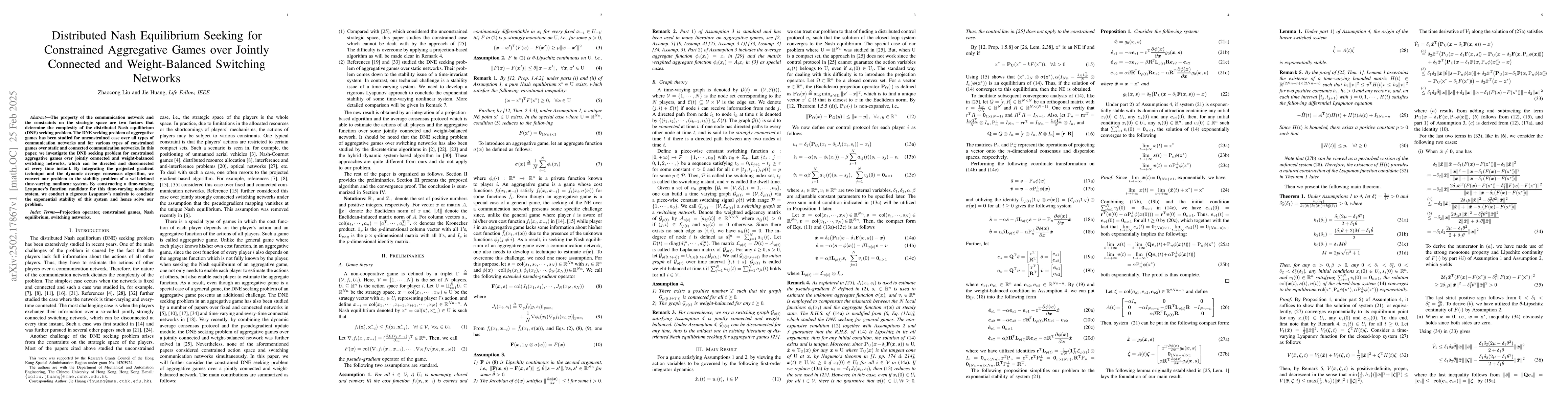 Thumbnail for Distributed Nash Equilibrium Seeking for Constrained Aggregative Games
  over Jointly Connected and Weight-Balanced Switching Networks