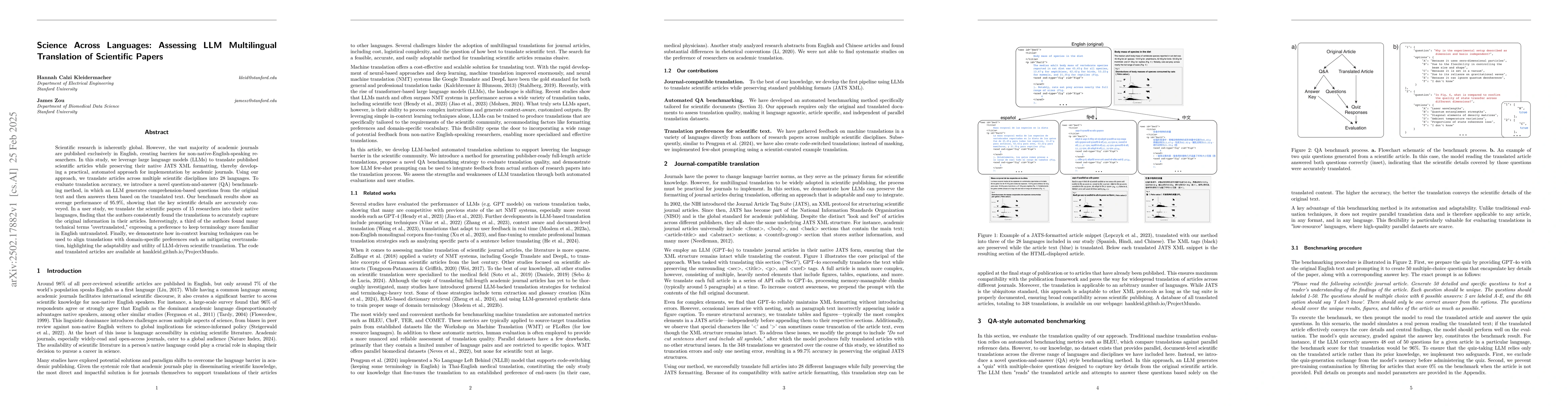 Thumbnail for Science Across Languages: Assessing LLM Multilingual Translation of
  Scientific Papers