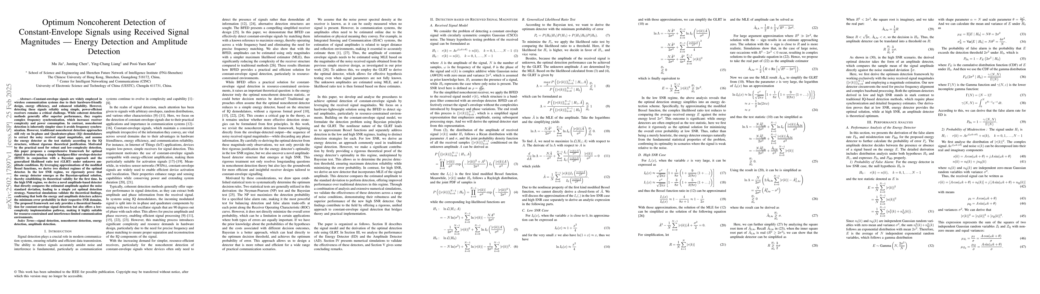 Thumbnail for Optimum Noncoherent Detection of Constant-Envelope Signals using
  Received Signal Magnitudes -- Energy Detection and Amplitude Detection