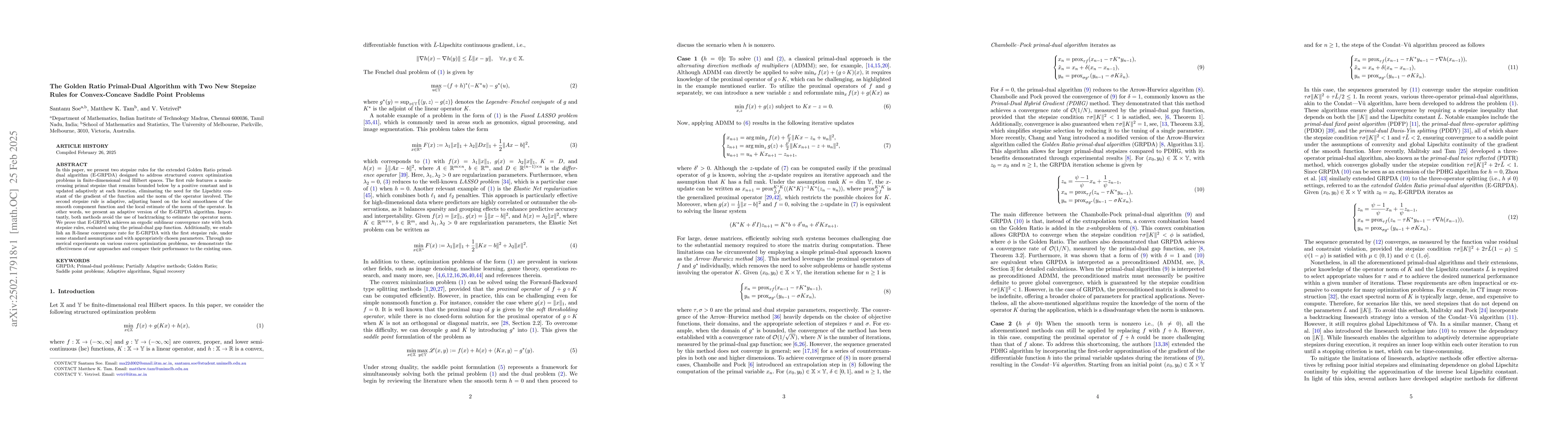 Thumbnail for The Golden Ratio Primal-Dual Algorithm with Two New Stepsize Rules for
  Convex-Concave Saddle Point Problems