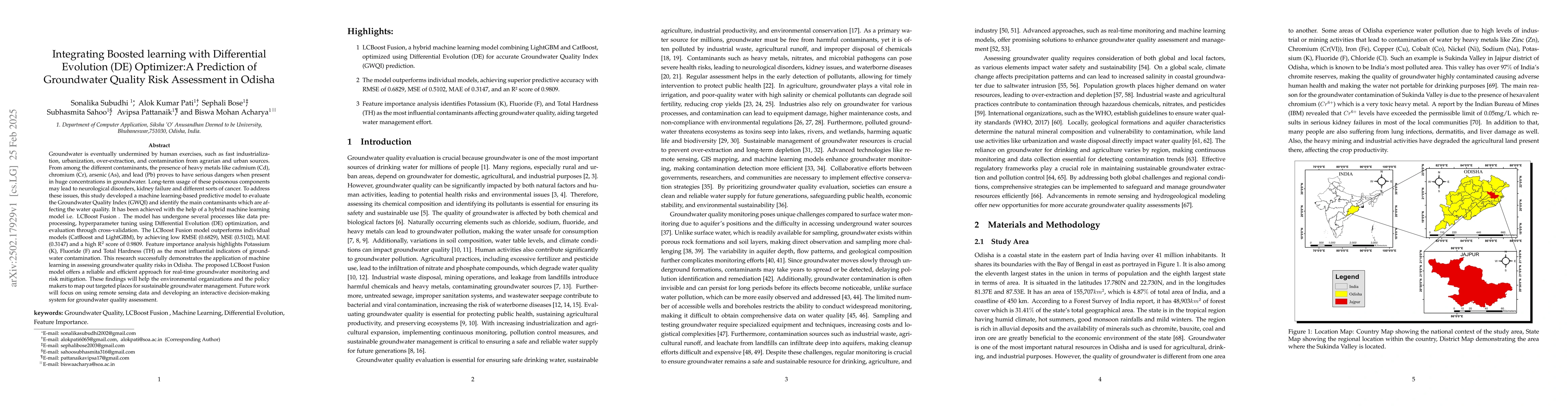 Thumbnail for Integrating Boosted learning with Differential Evolution (DE) Optimizer:
  A Prediction of Groundwater Quality Risk Assessment in Odisha