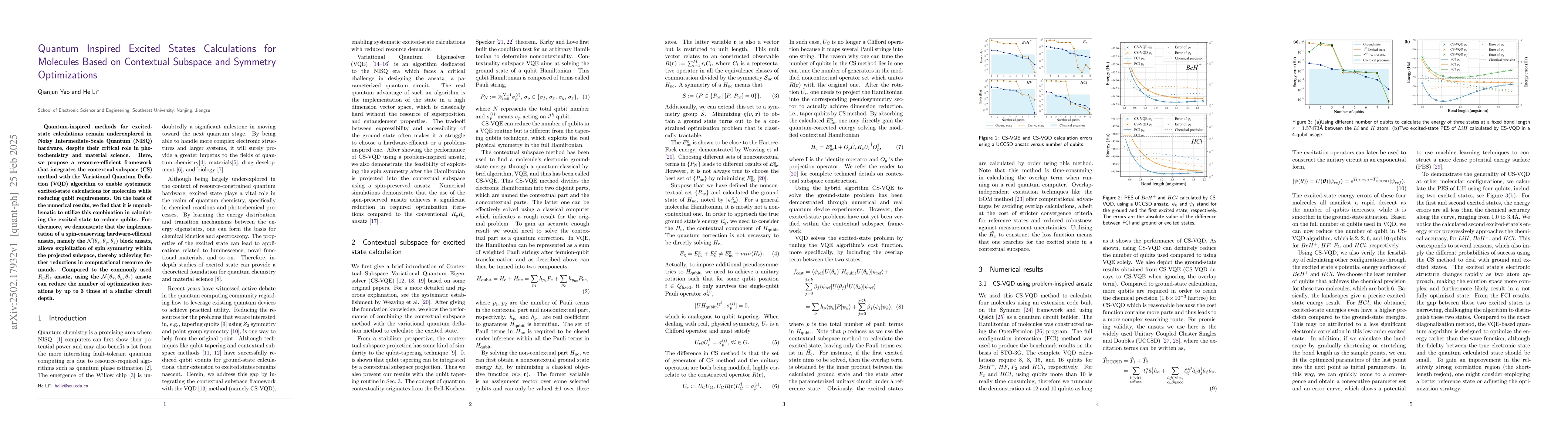 Thumbnail for Quantum Inspired Excited States Calculations for Molecules Based on
  Contextual Subspace and Symmetry Optimizations