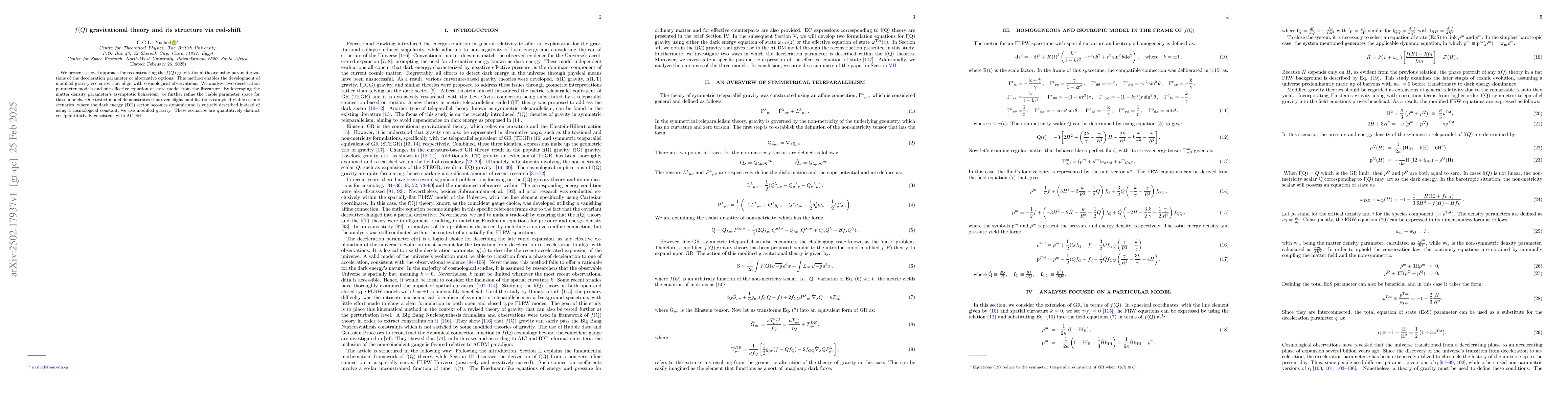 Thumbnail for $f(Q)$ gravitational theory and its structure via red-shift