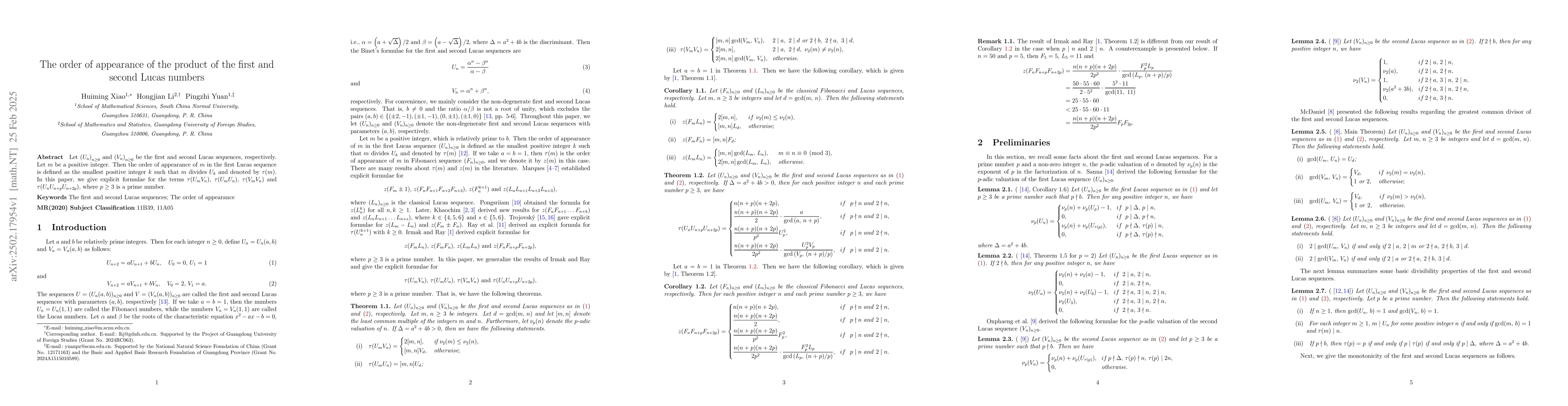 Thumbnail for The order of appearance of the product of the first and second Lucas
  numbers