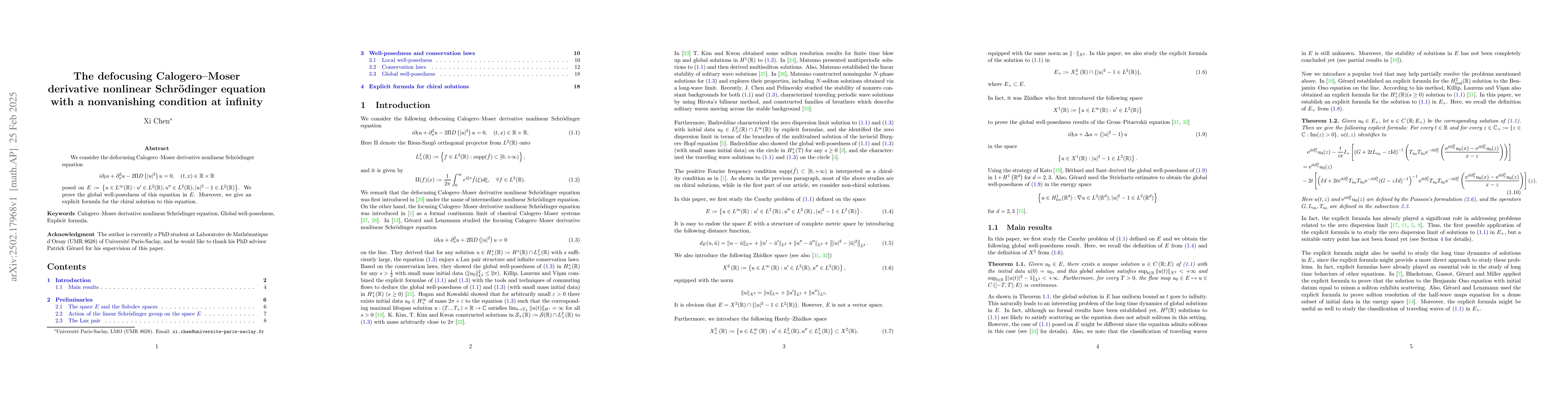 Thumbnail for The defocusing Calogero--Moser derivative nonlinear Schr{ö}dinger
  equation with a nonvanishing condition at infinity
