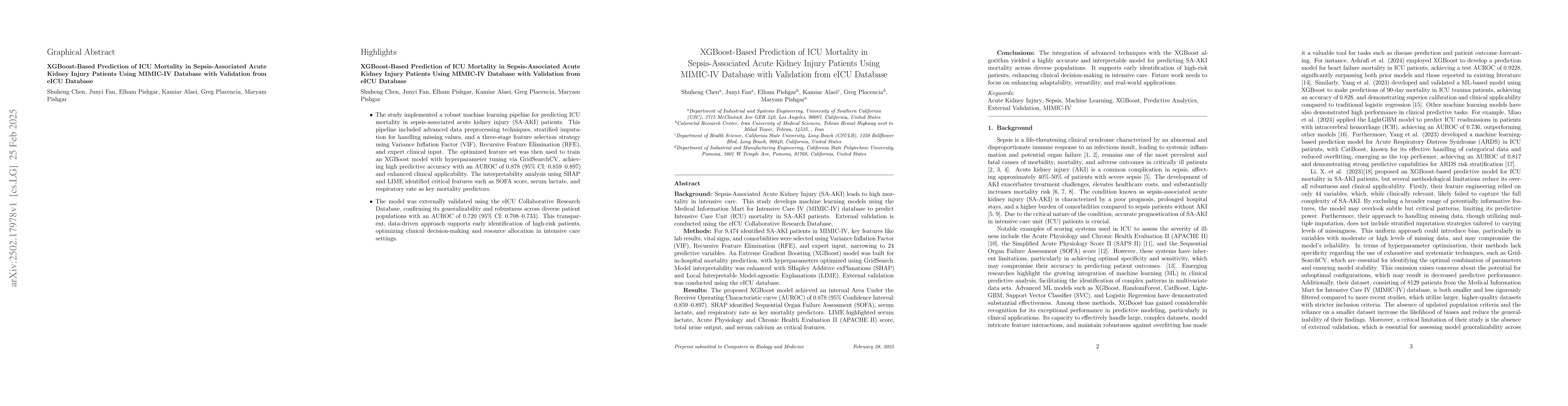 Thumbnail for XGBoost-Based Prediction of ICU Mortality in Sepsis-Associated Acute
  Kidney Injury Patients Using MIMIC-IV Database with Validation from eICU
  Database