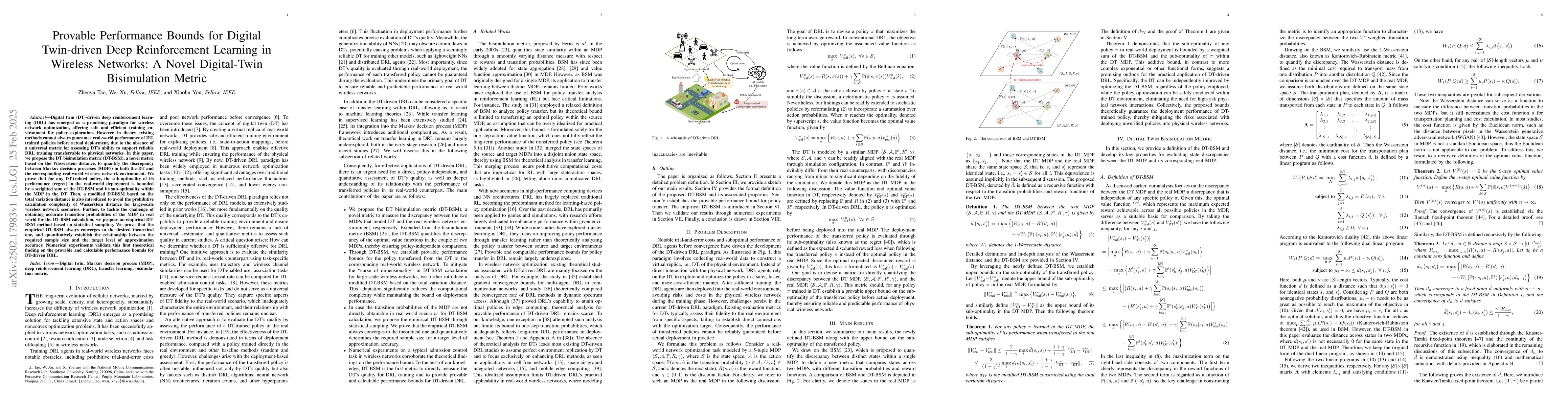 Thumbnail for Provable Performance Bounds for Digital Twin-driven Deep Reinforcement
  Learning in Wireless Networks: A Novel Digital-Twin Bisimulation Metric