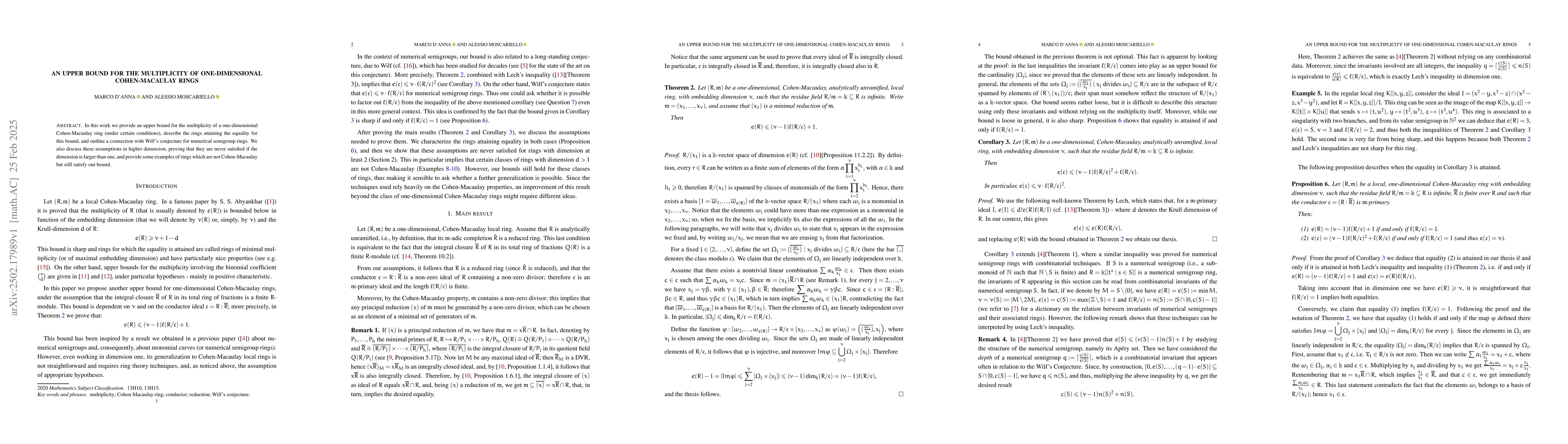 Thumbnail for An upper bound for the multiplicity of one-dimensional Cohen-Macaulay
  rings