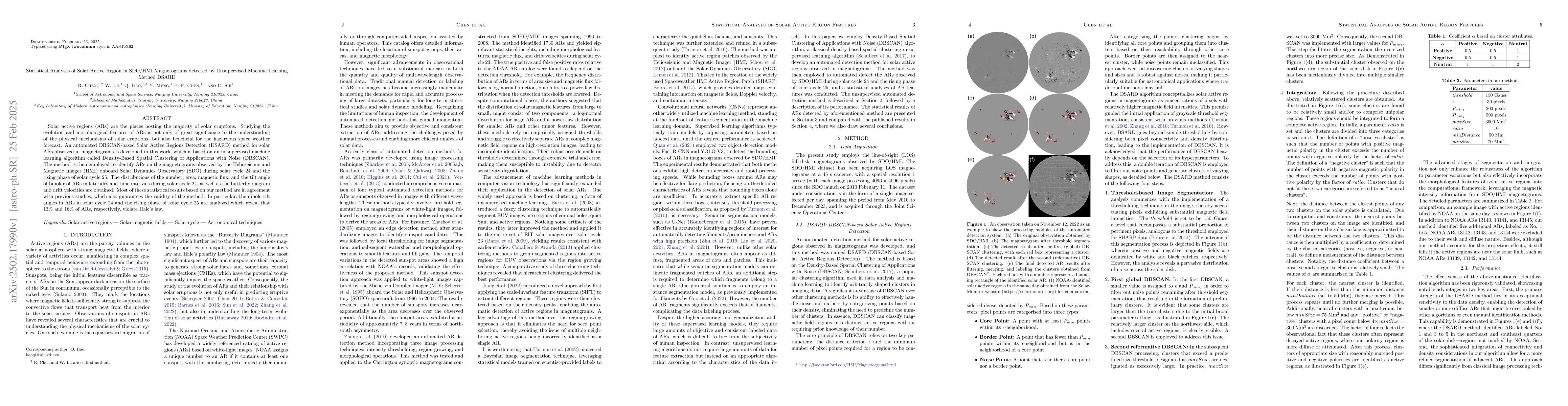 Thumbnail for Statistical Analyses of Solar Active Region in SDO/HMI Magnetograms
  detected by Unsupervised Machine Learning Method DSARD