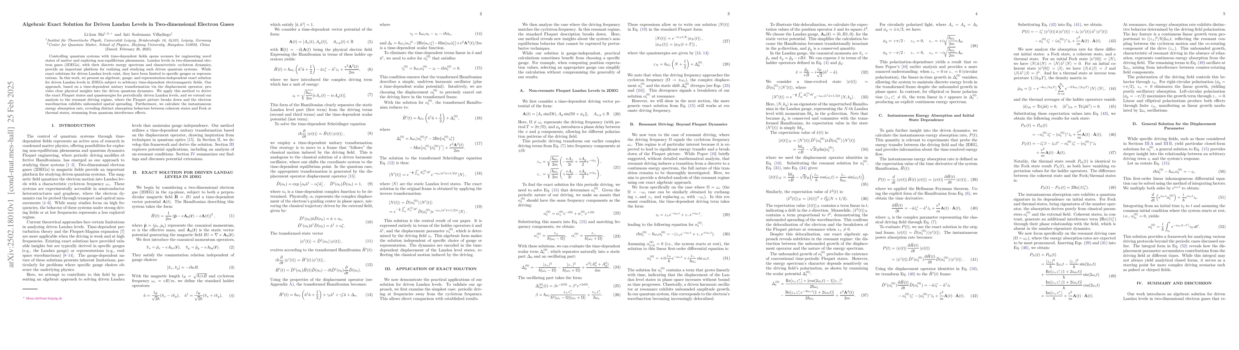 Thumbnail for Algebraic Exact Solution for Driven Landau Levels in Two-dimensional
  Electron Gases