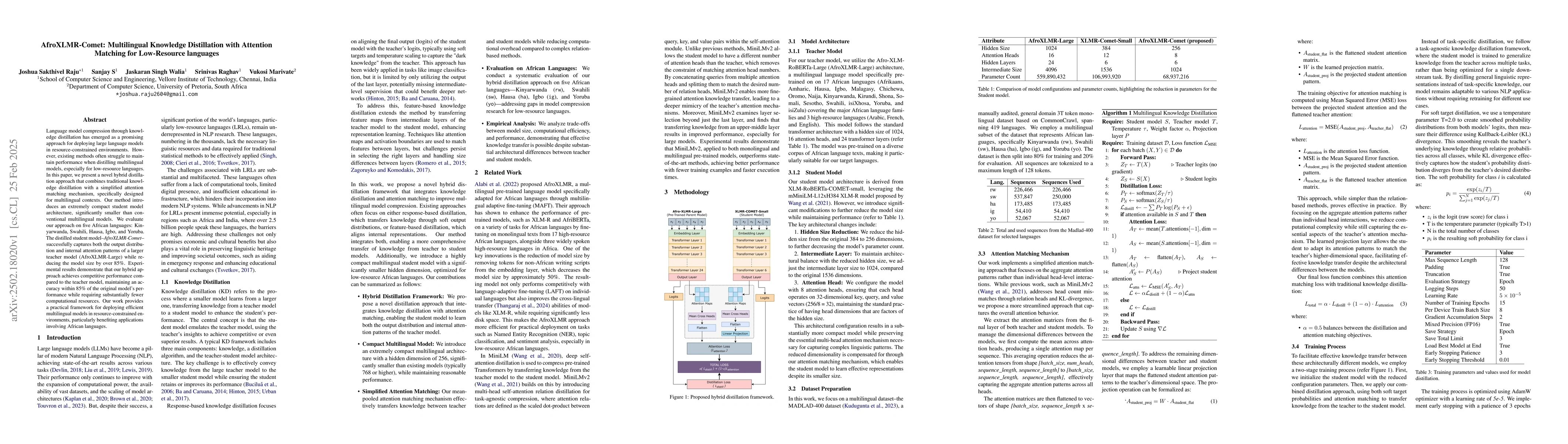 Thumbnail for AfroXLMR-Comet: Multilingual Knowledge Distillation with Attention
  Matching for Low-Resource languages