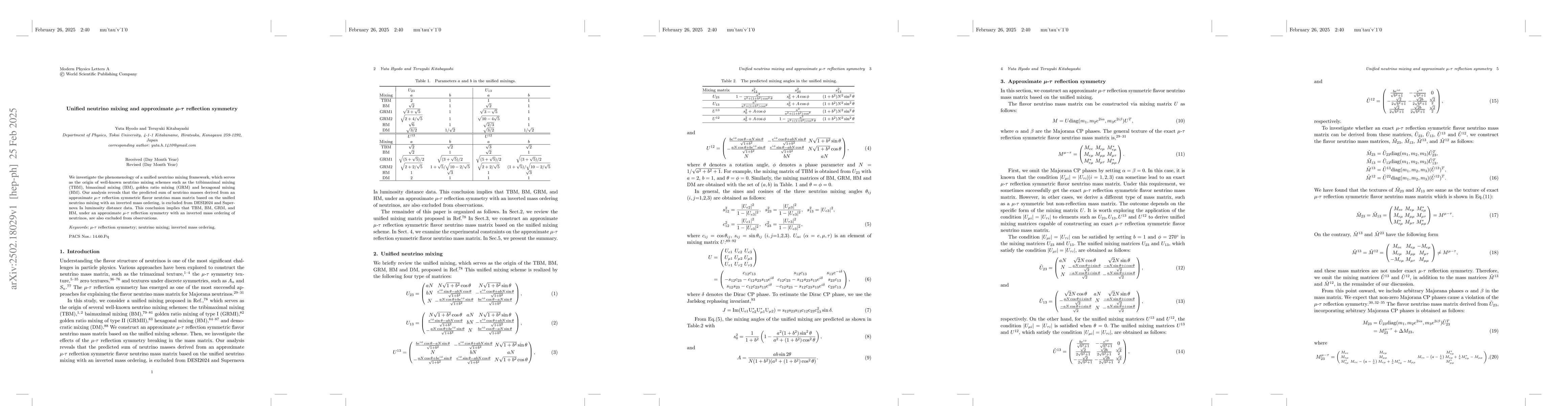 Thumbnail for Unified neutrino mixing and approximate $μ$-$τ$ reflection symmetry