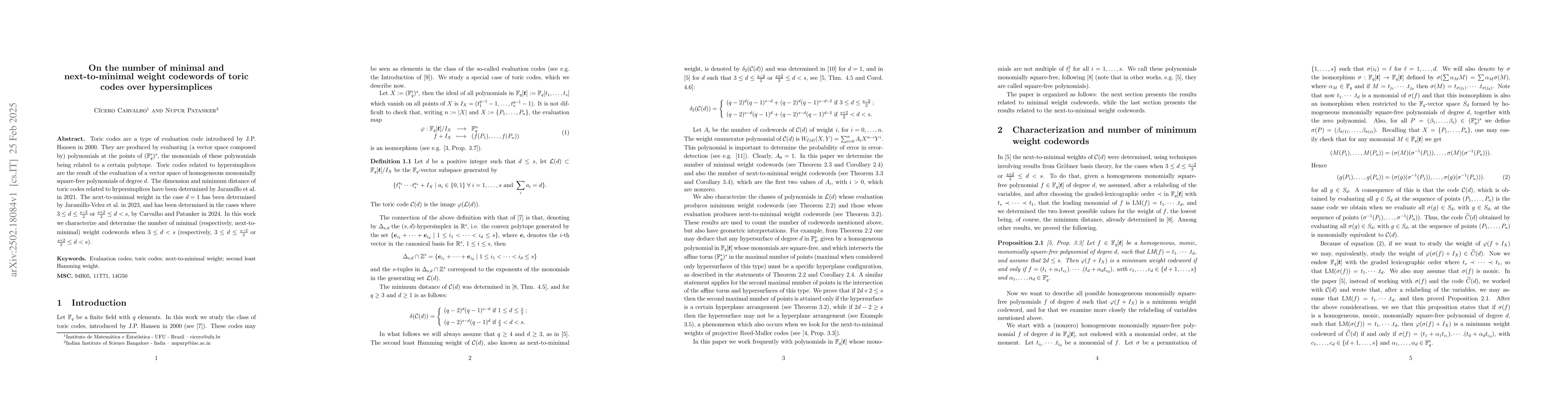 Thumbnail for On the number of minimal and next-to-minimal weight codewords of toric
  codes over hypersimplices
