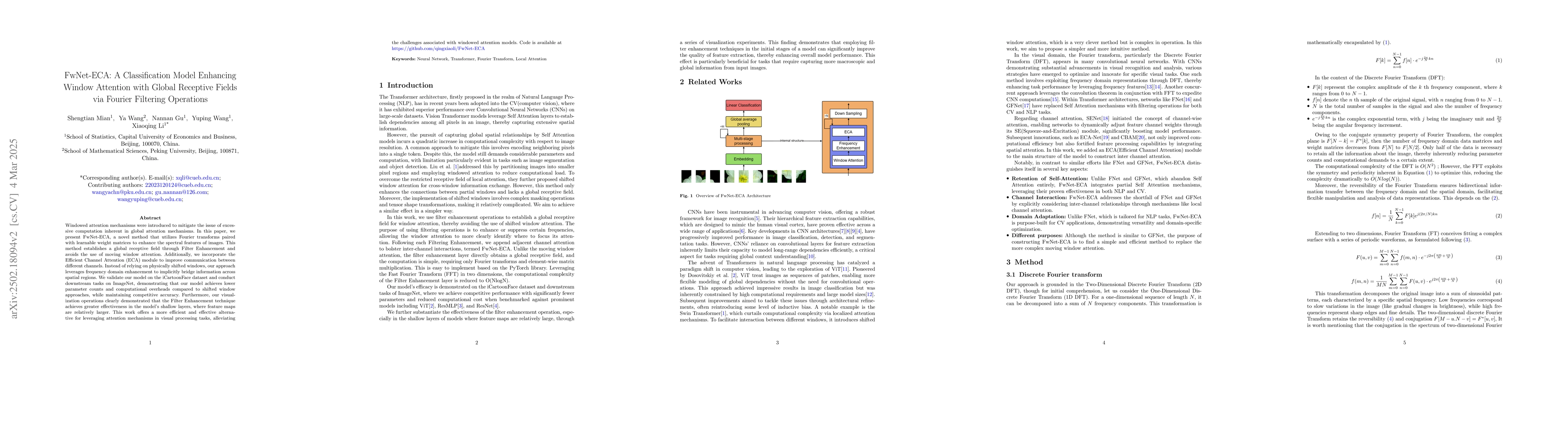 Thumbnail for FwNet-ECA: Facilitating Window Attention with Global Receptive Fields
  through Fourier Filtering Operations