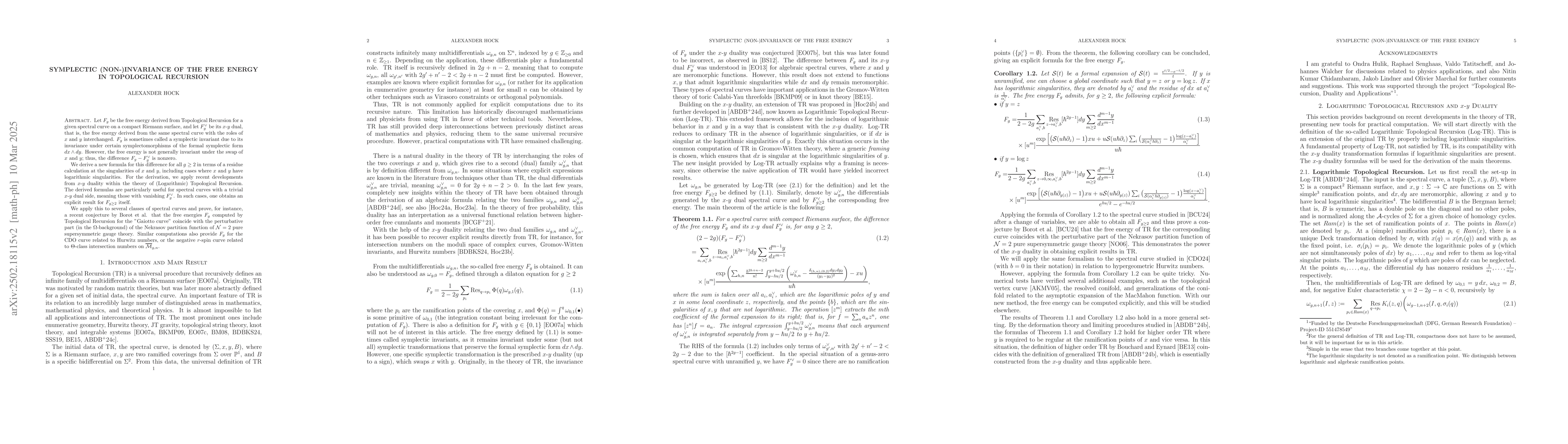 Thumbnail for Symplectic (Non-)Invariance of the Free Energy in Topological Recursion
