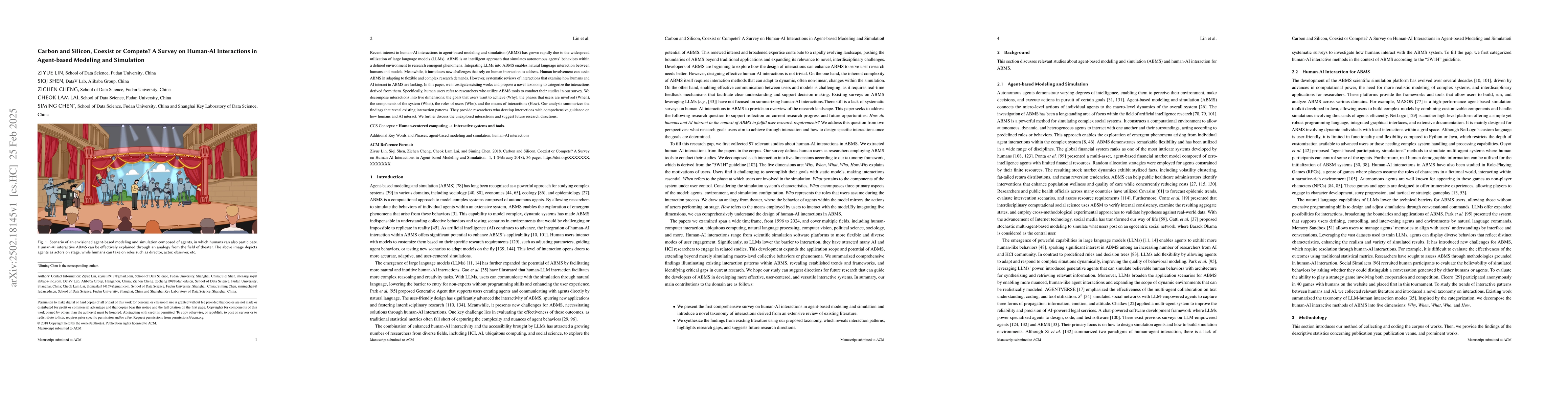 Thumbnail for Carbon and Silicon, Coexist or Compete? A Survey on Human-AI
  Interactions in Agent-based Modeling and Simulation