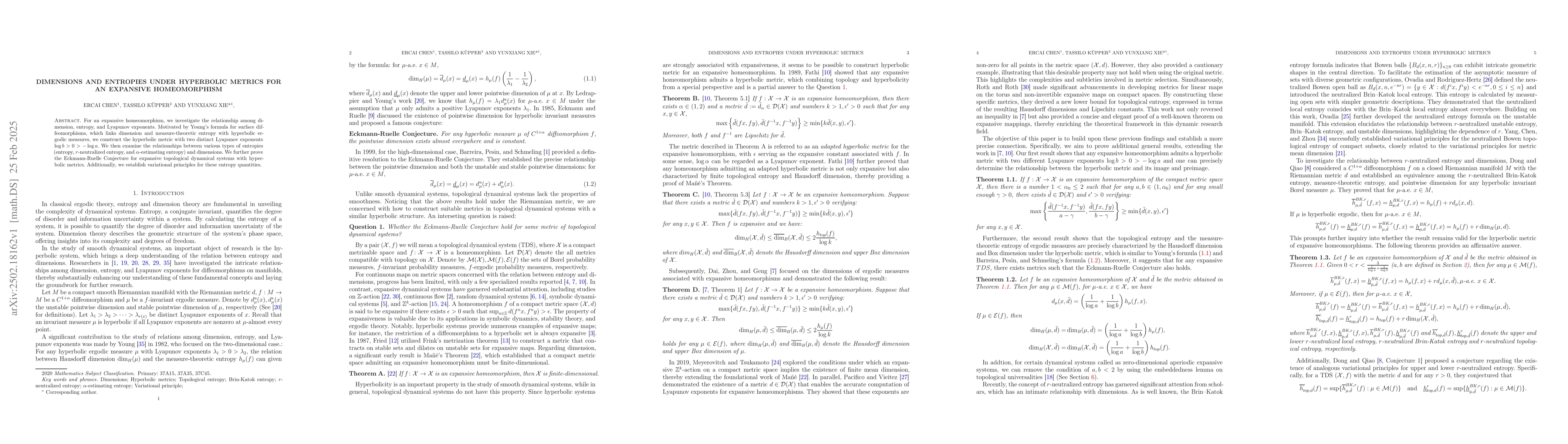 Thumbnail for Dimensions and entropies under hyperbolic metrics for an expansive
  homeomorphism