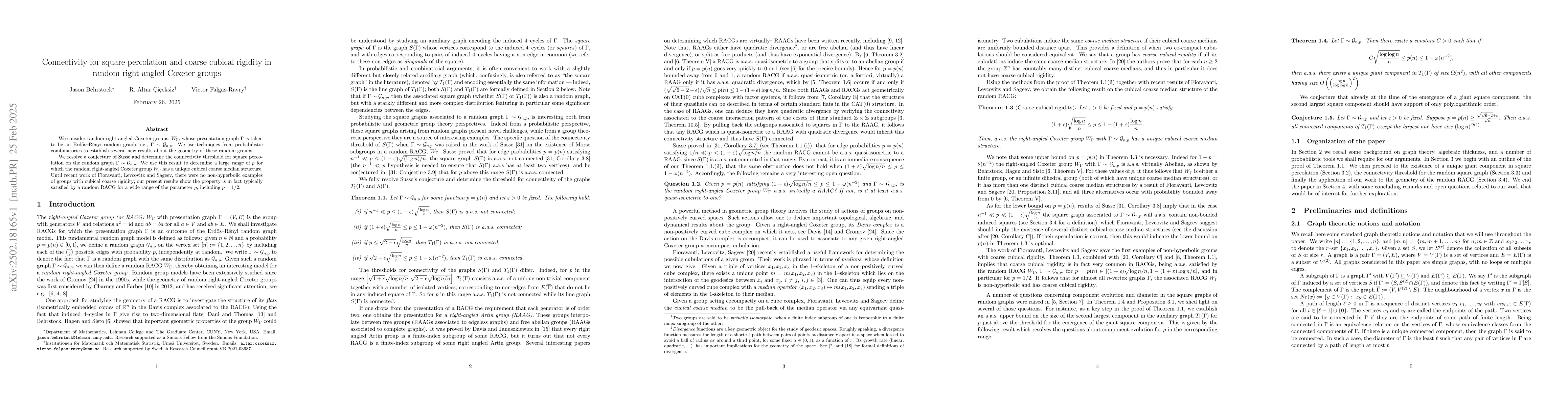 Thumbnail for Connectivity for square percolation and coarse cubical rigidity in
  random right-angled Coxeter groups