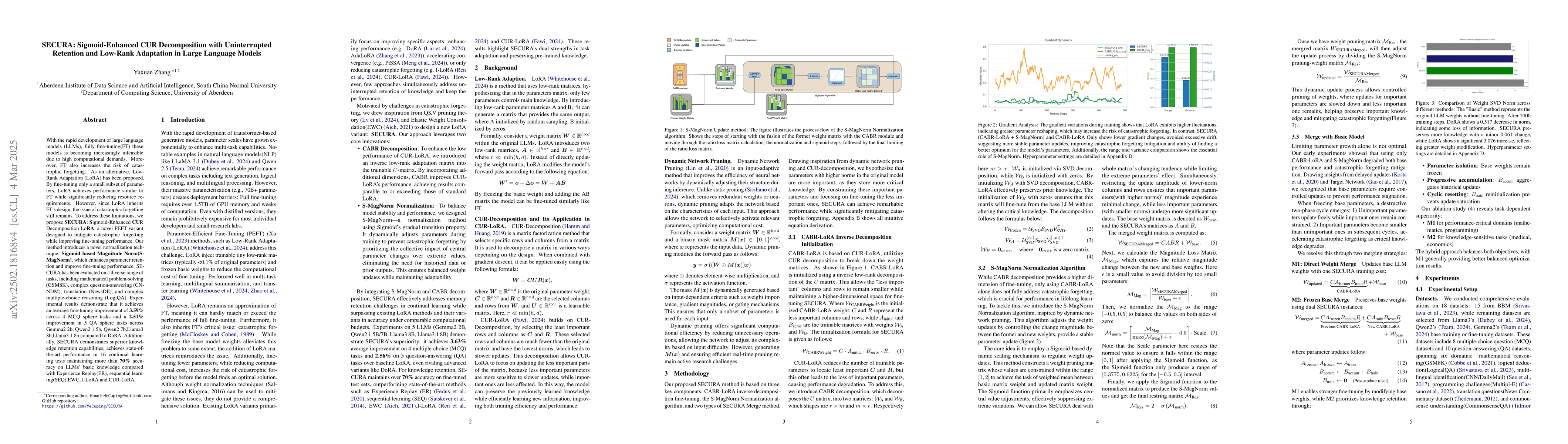 Thumbnail for SECURA: Sigmoid-Enhanced CUR Decomposition with Uninterrupted Retention
  and Low-Rank Adaptation in Large Language Models
