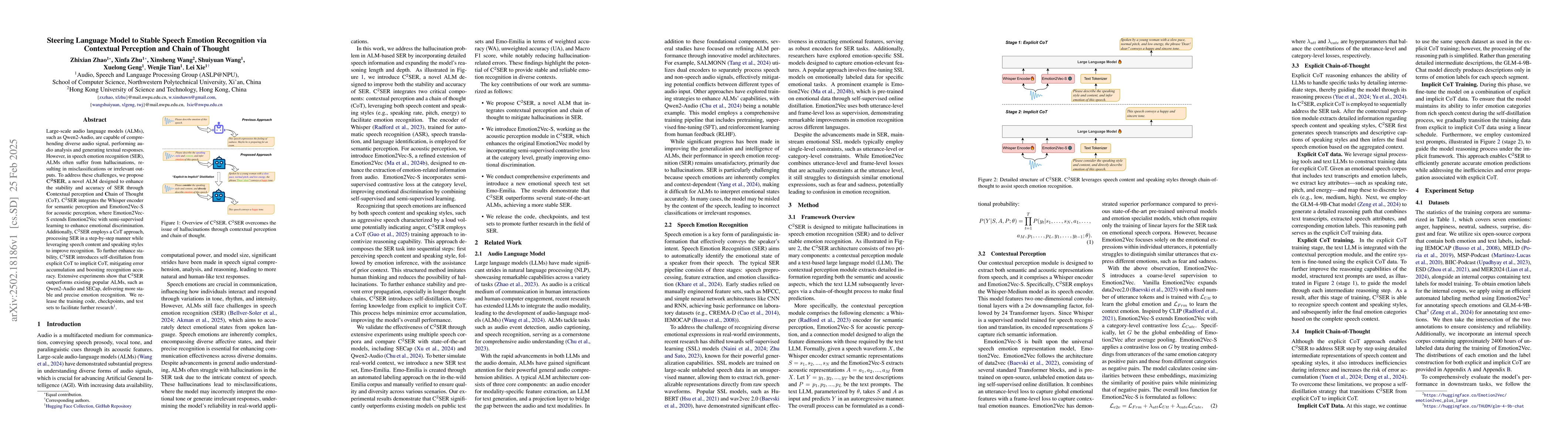 Thumbnail for Steering Language Model to Stable Speech Emotion Recognition via
  Contextual Perception and Chain of Thought