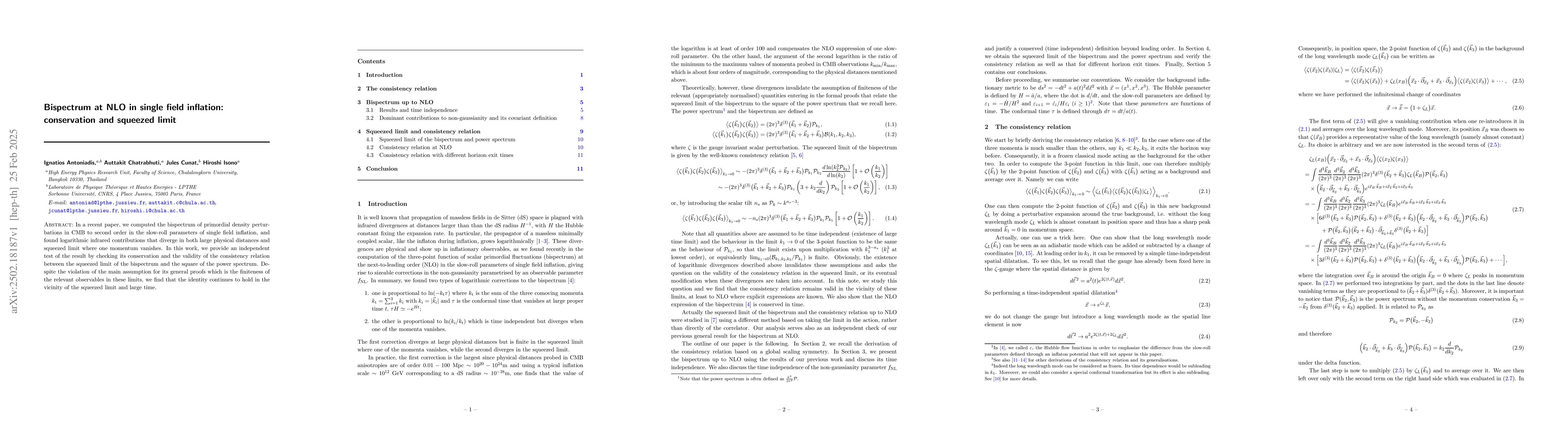 Thumbnail for Bispectrum at NLO in single field inflation: conservation and squeezed
  limit