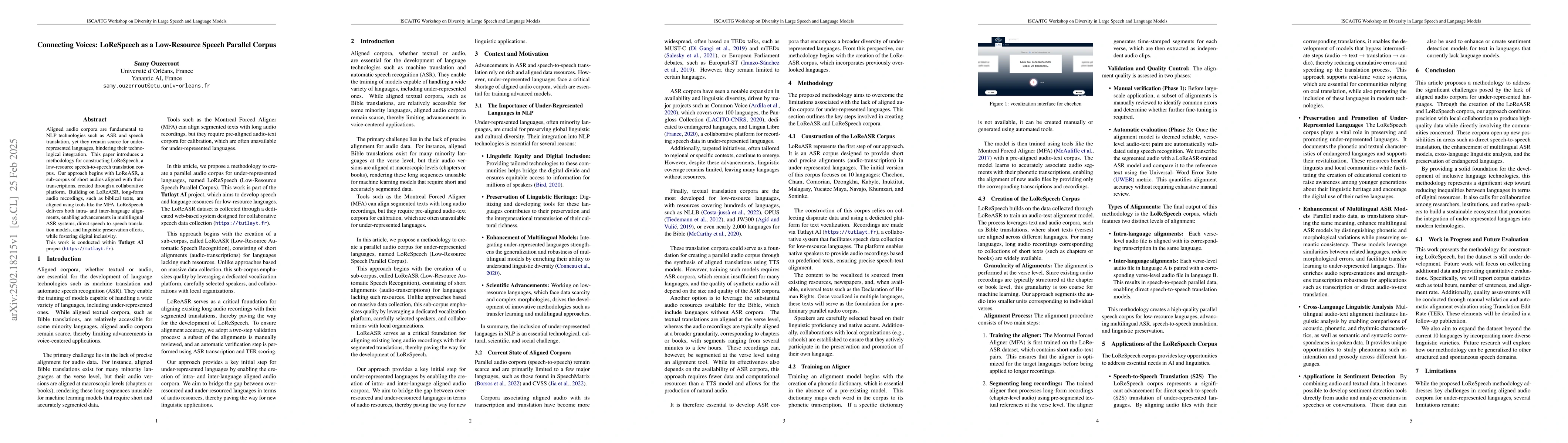 Thumbnail for Connecting Voices: LoReSpeech as a Low-Resource Speech Parallel Corpus