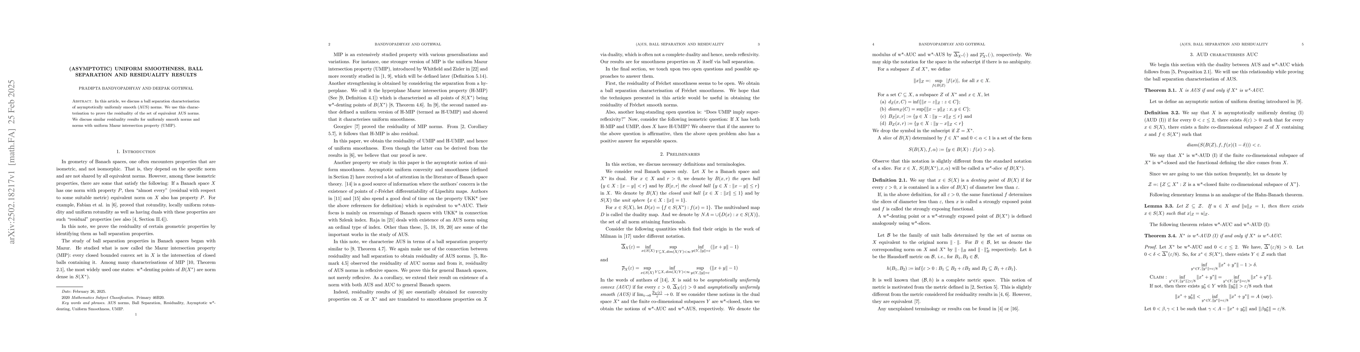 Thumbnail for (Asymptotic) uniform smoothness, ball separation and residuality results