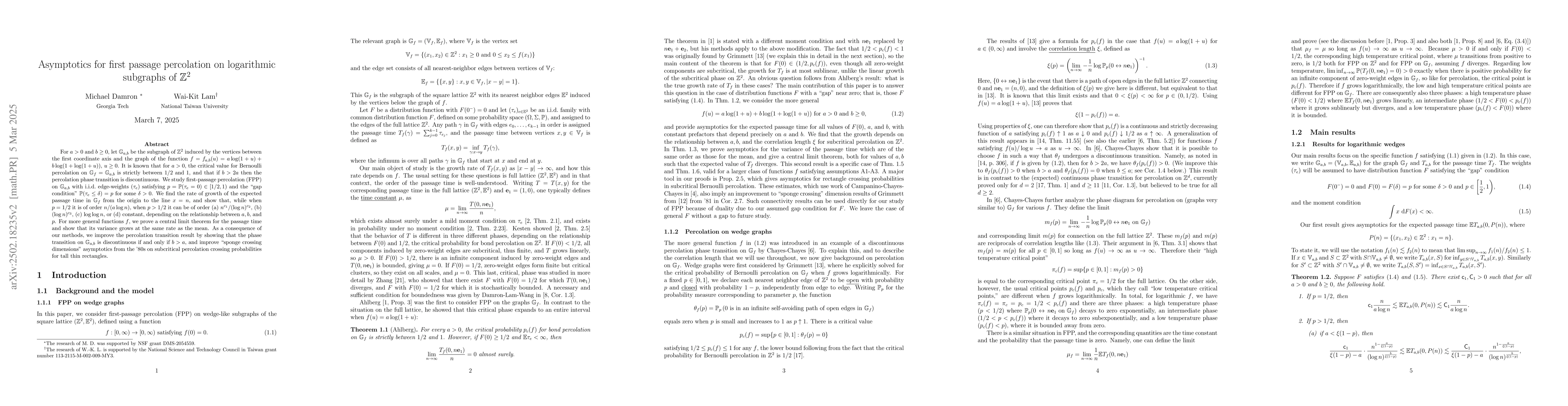 Thumbnail for Asymptotics for first-passage percolation on logarithmic subgraphs of
  $\mathbb{Z}^2$