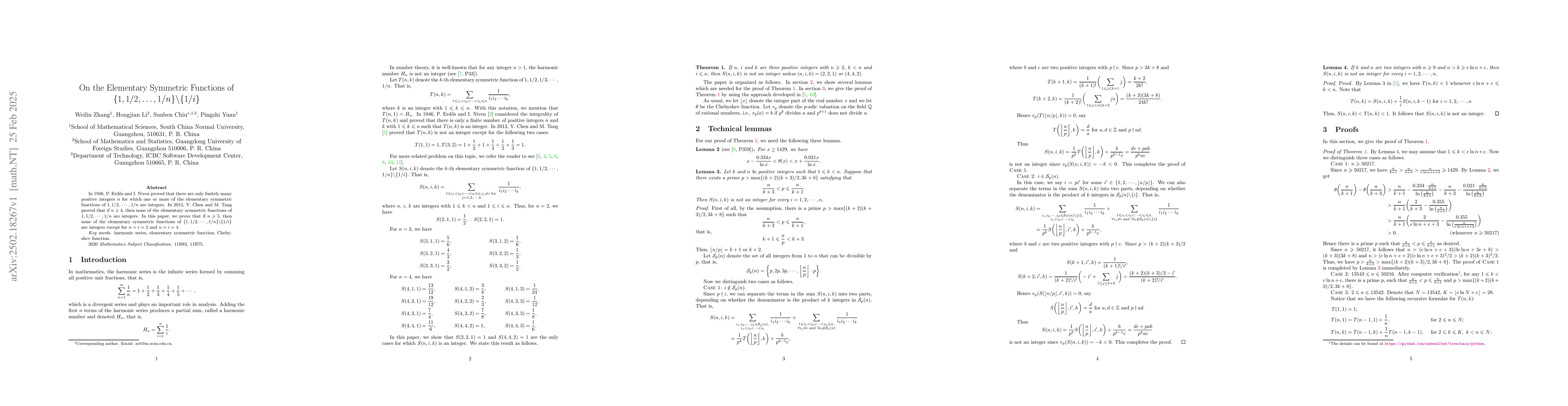 Thumbnail for On the Elementary Symmetric Functions of
  $\{1,1/2,\dots,1/n\}\backslash\{1/i\}$