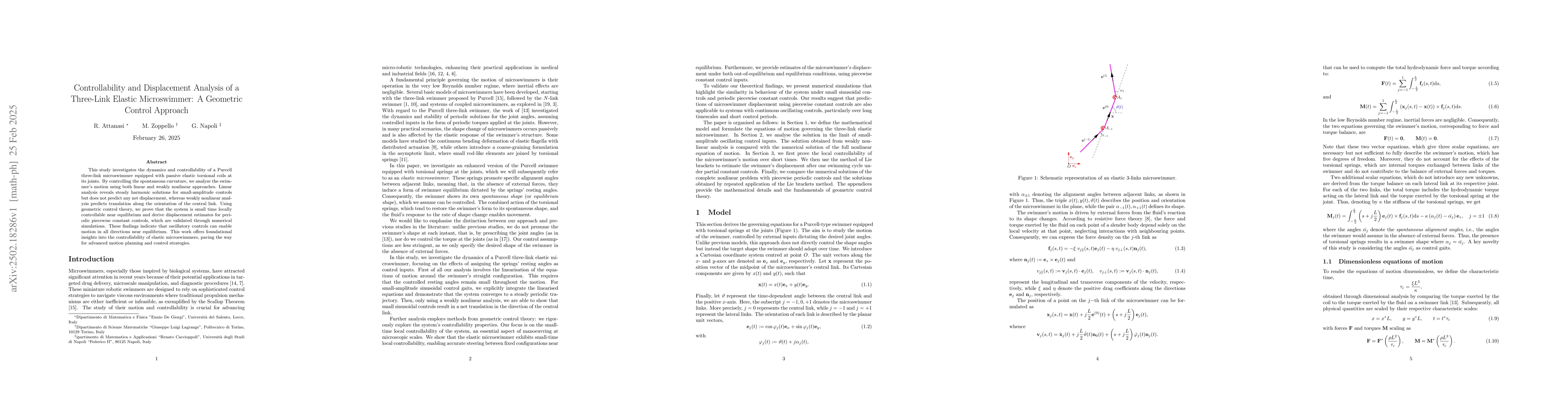 Thumbnail for Controllability and Displacement Analysis of a Three-Link Elastic
  Microswimmer: A Geometric Control Approach