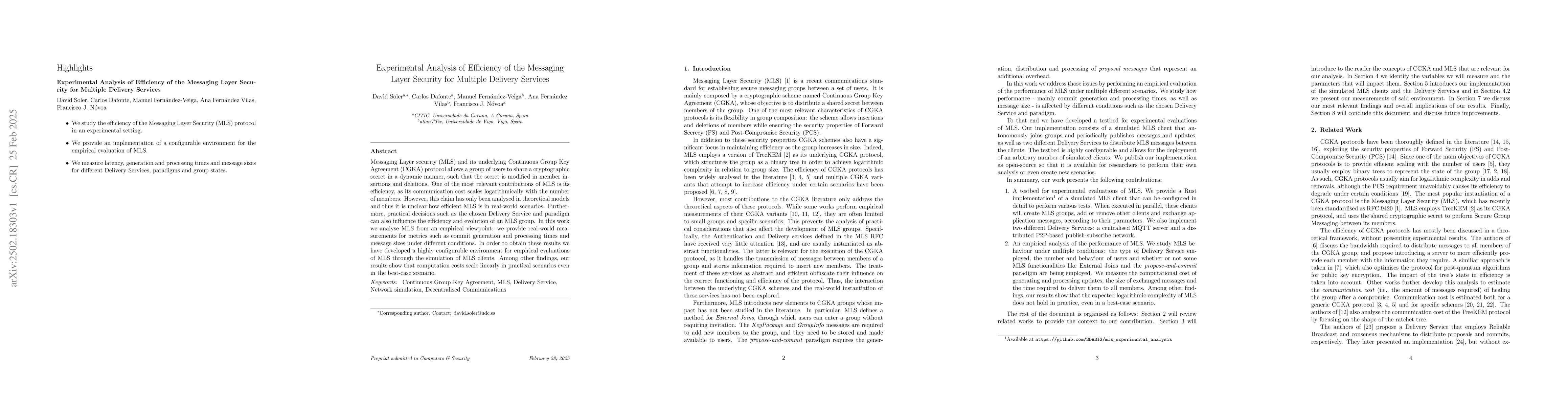 Thumbnail for Experimental Analysis of Efficiency of the Messaging Layer Security for
  Multiple Delivery Services