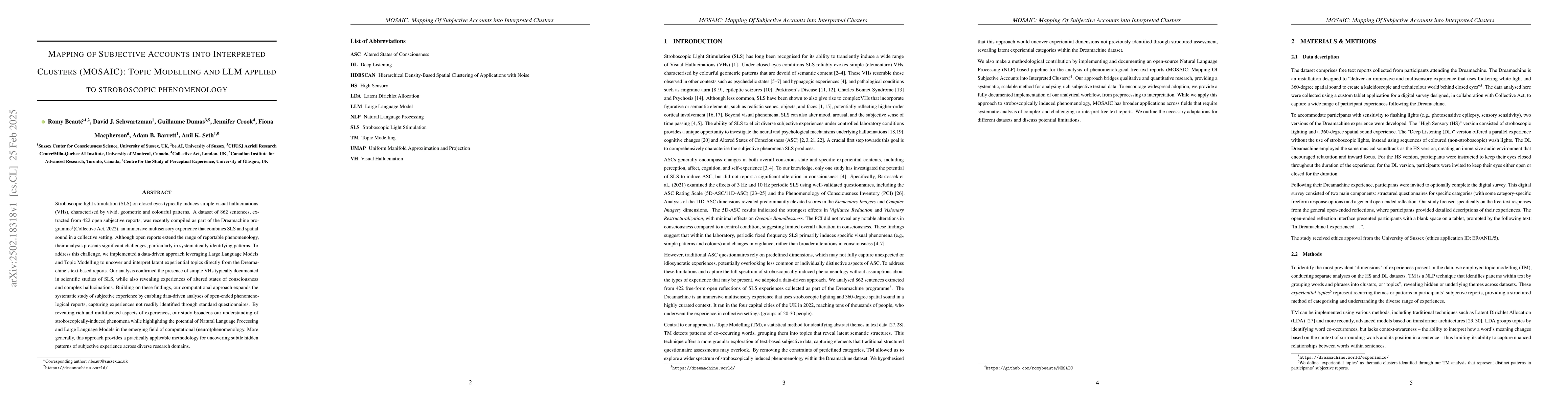 Thumbnail for Mapping of Subjective Accounts into Interpreted Clusters (MOSAIC): Topic
  Modelling and LLM applied to Stroboscopic Phenomenology