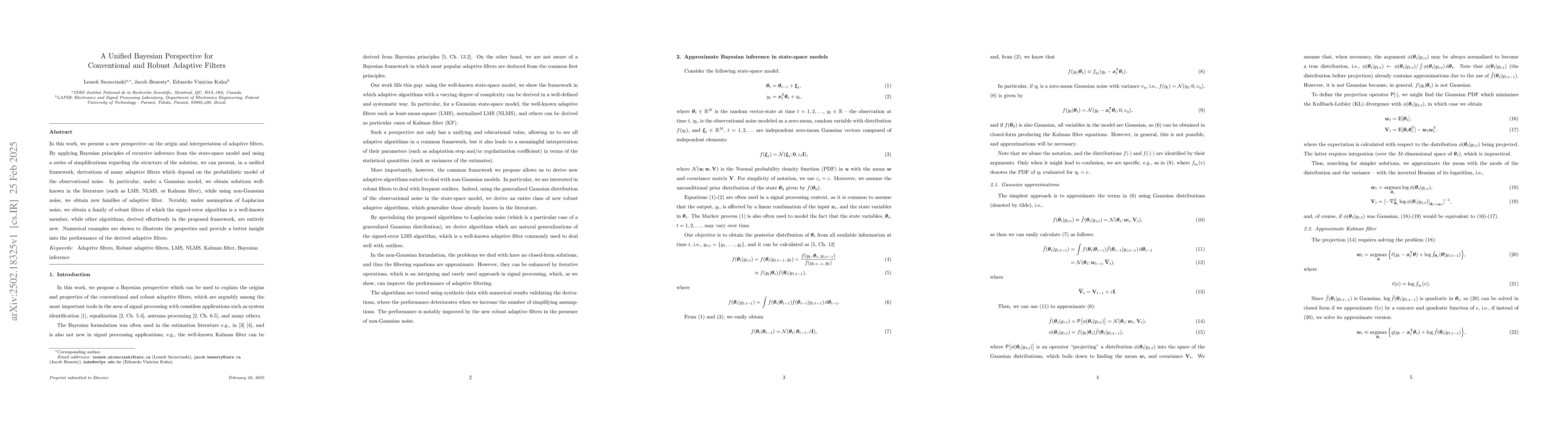 Thumbnail for A Unified Bayesian Perspective for Conventional and Robust Adaptive
  Filters