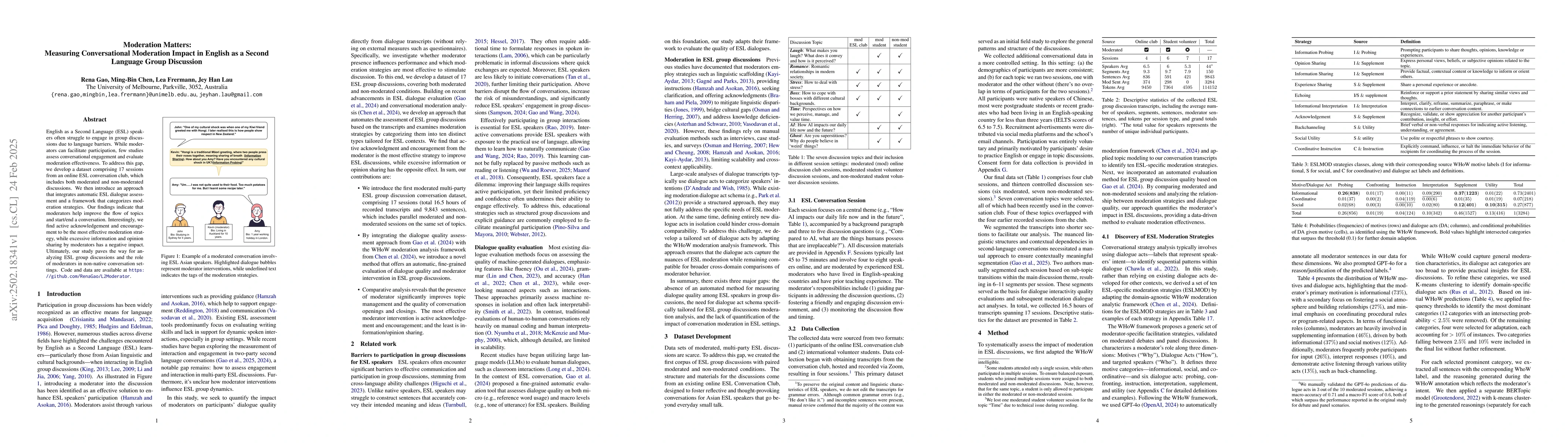Thumbnail for Moderation Matters:Measuring Conversational Moderation Impact in English
  as a Second Language Group Discussion