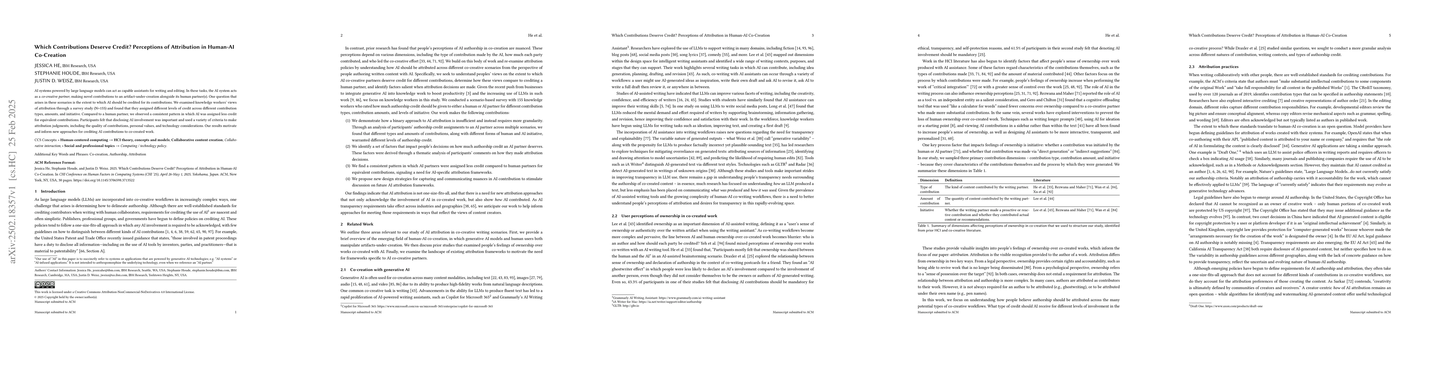 Thumbnail for Which Contributions Deserve Credit? Perceptions of Attribution in
  Human-AI Co-Creation