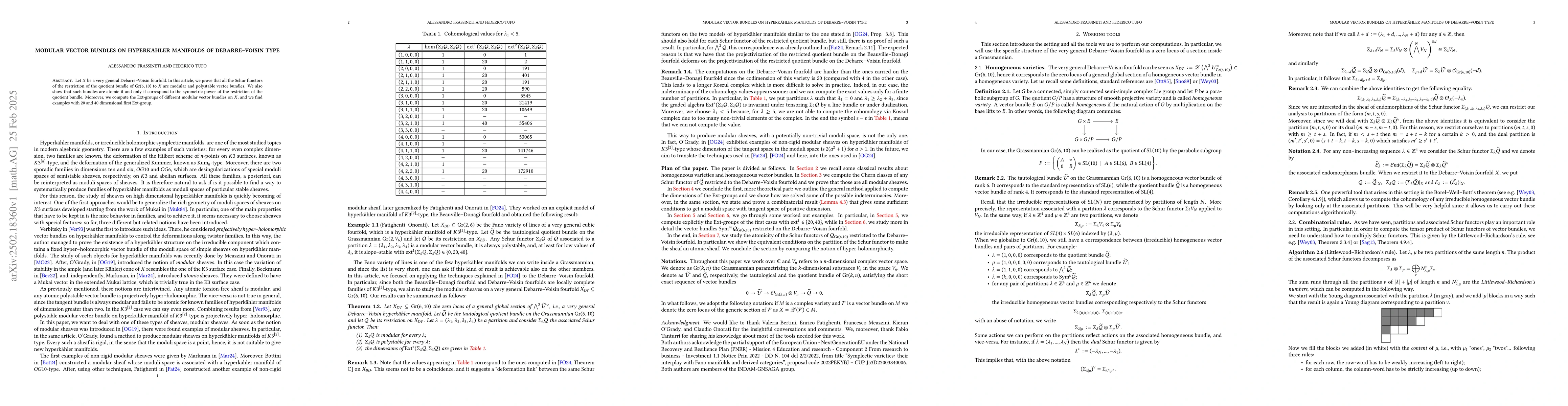 Thumbnail for Modular vector bundles on hyperkĂ¤hler manifolds of Debarre-Voisin type