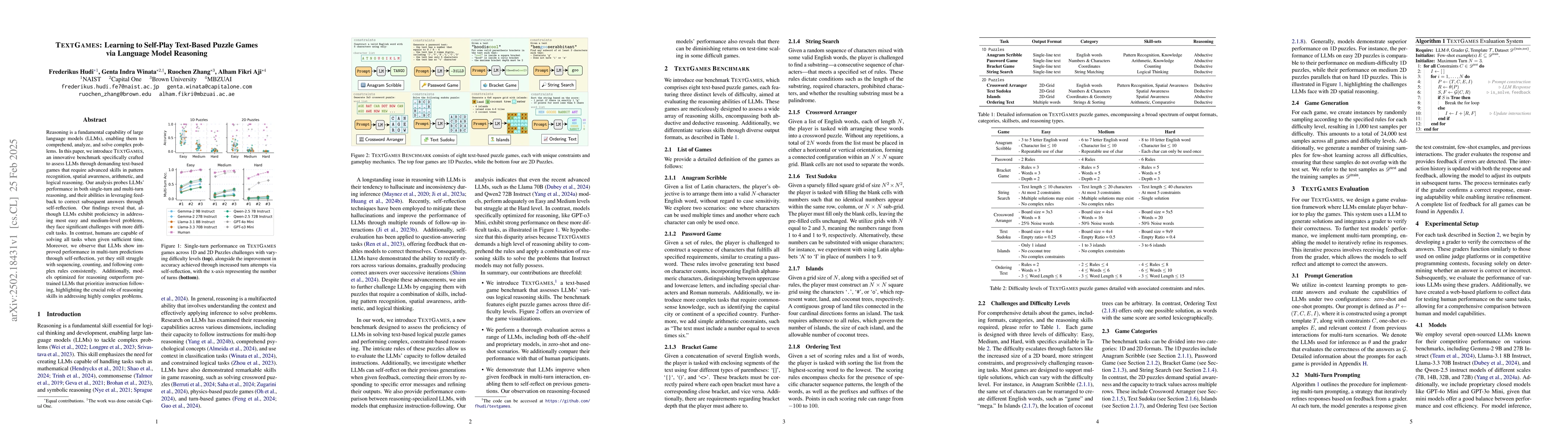 Thumbnail for TextGames: Learning to Self-Play Text-Based Puzzle Games via Language
  Model Reasoning