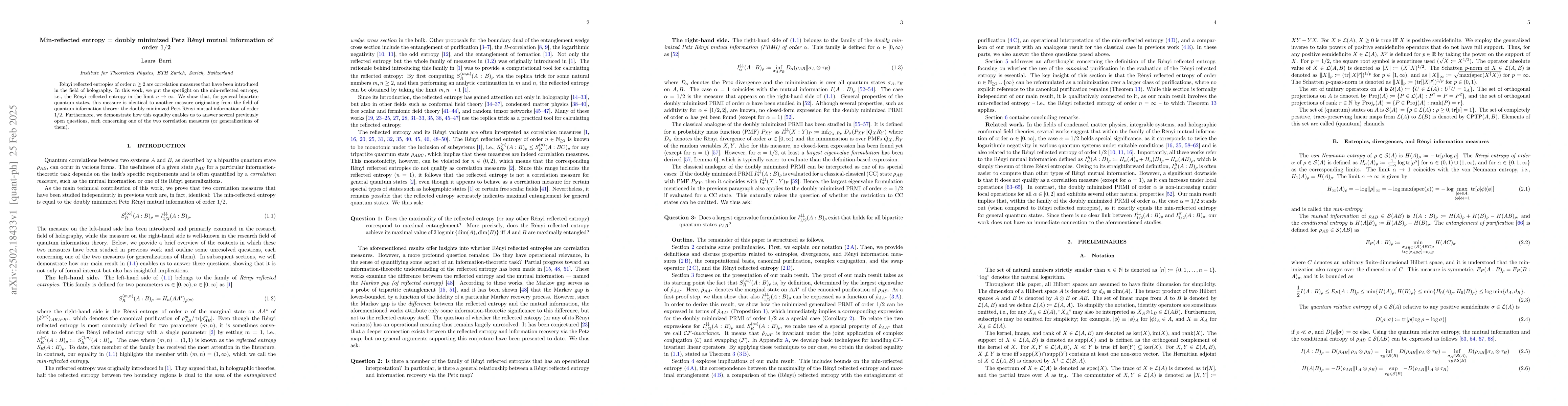 Thumbnail for Min-reflected entropy = doubly minimized Petz Renyi mutual information
  of order 1/2