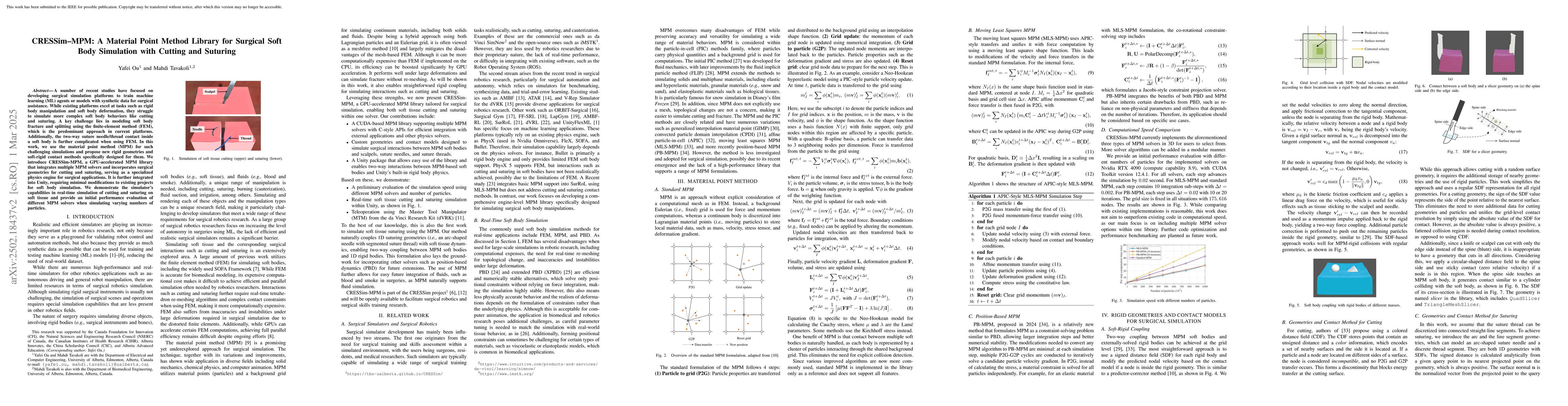 Thumbnail for CRESSim-MPM: A Material Point Method Library for Surgical Soft Body
  Simulation with Cutting and Suturing