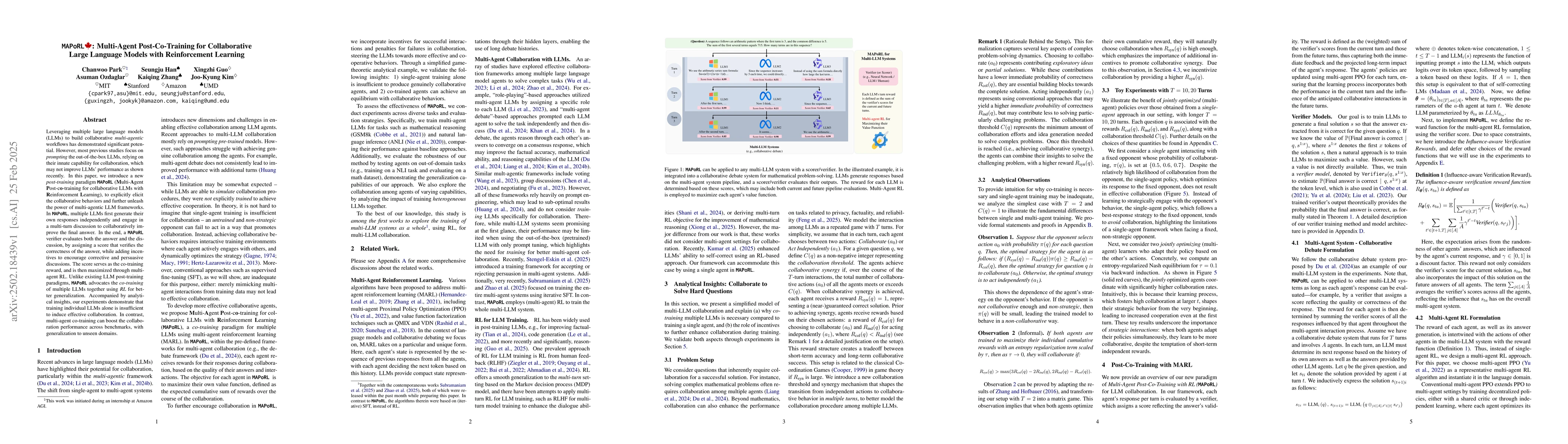 Thumbnail for MAPoRL: Multi-Agent Post-Co-Training for Collaborative Large Language
  Models with Reinforcement Learning