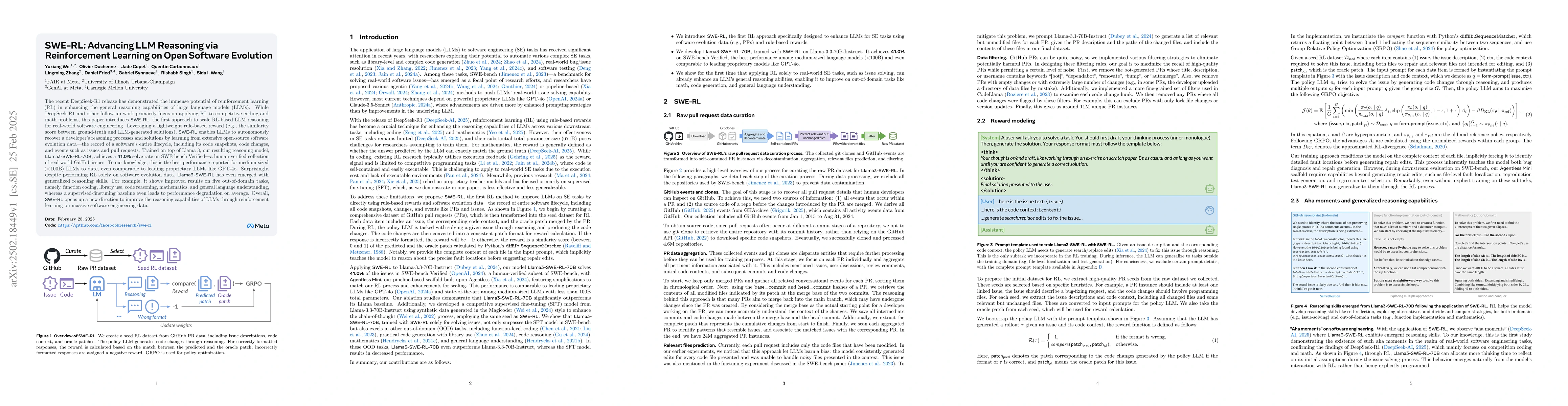Thumbnail for SWE-RL: Advancing LLM Reasoning via Reinforcement Learning on Open
  Software Evolution