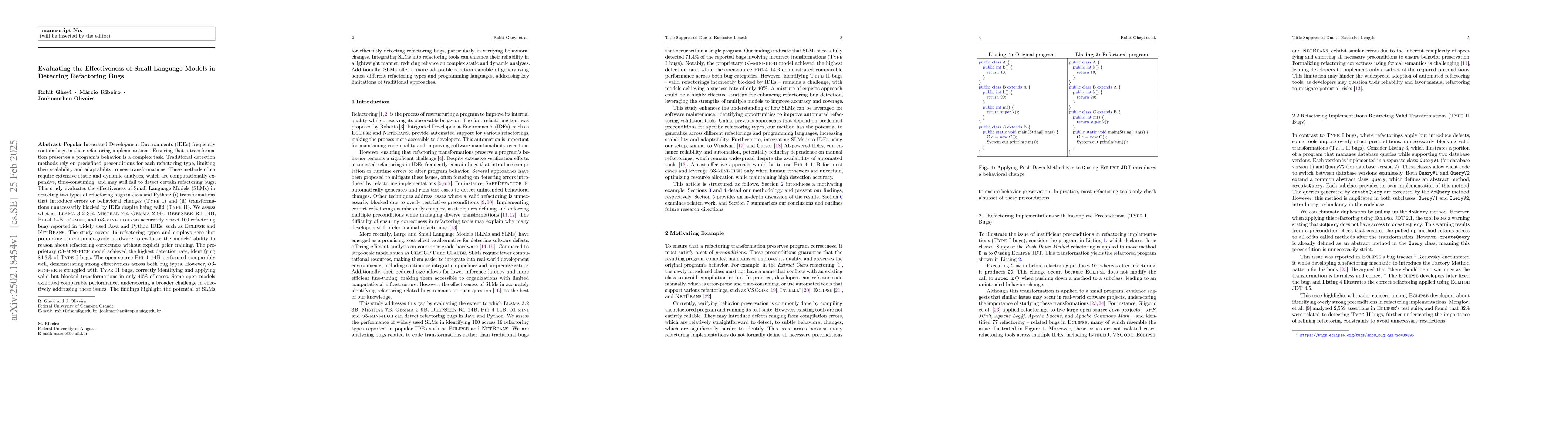 Thumbnail for Evaluating the Effectiveness of Small Language Models in Detecting
  Refactoring Bugs