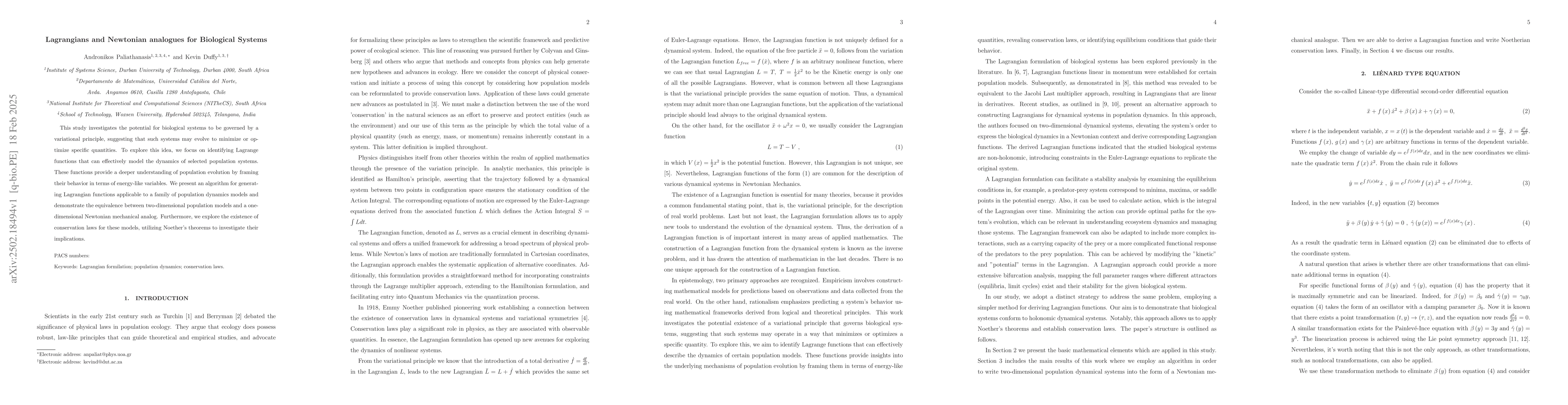 Thumbnail for Lagrangians and Newtonian analogues for Biological Systems