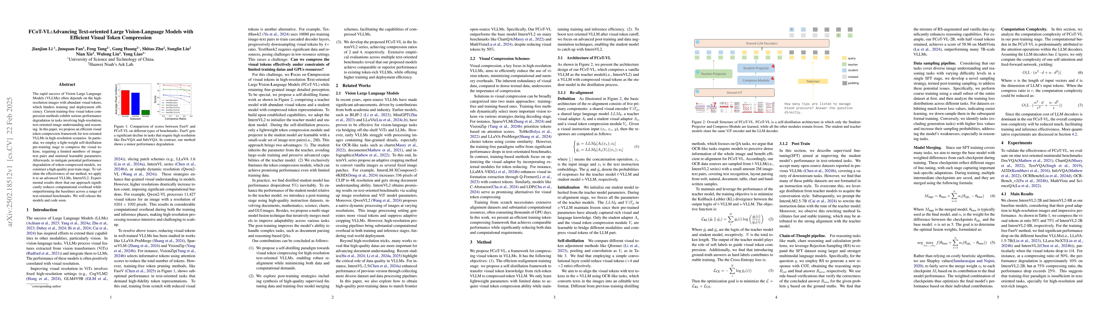 Thumbnail for FCoT-VL:Advancing Text-oriented Large Vision-Language Models with
  Efficient Visual Token Compression