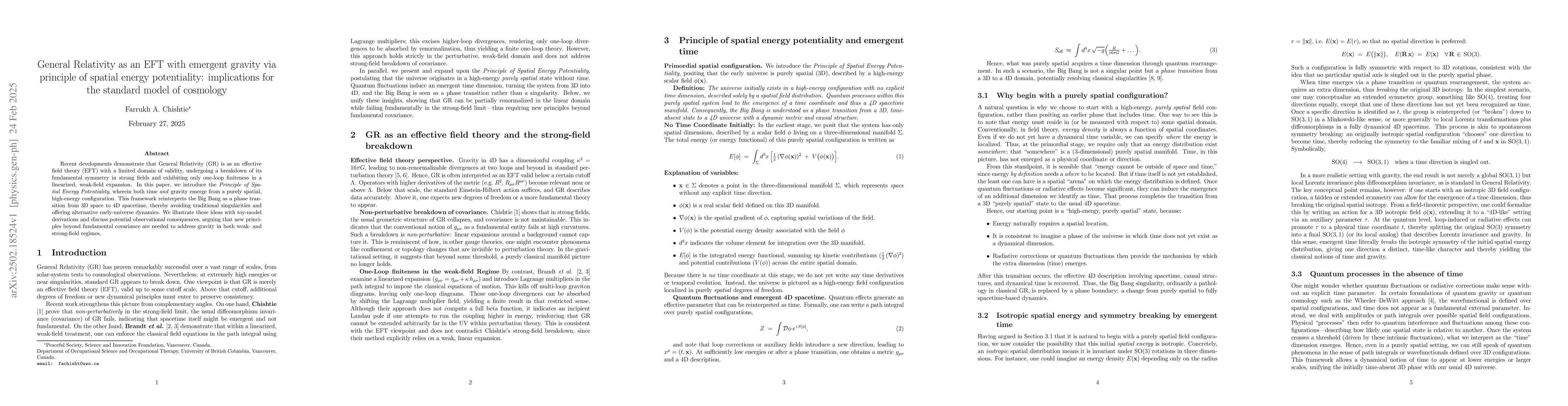 Thumbnail for General Relativity as an EFT with emergent gravity via principle of
  spatial energy potentiality: implications for the standard model of cosmology